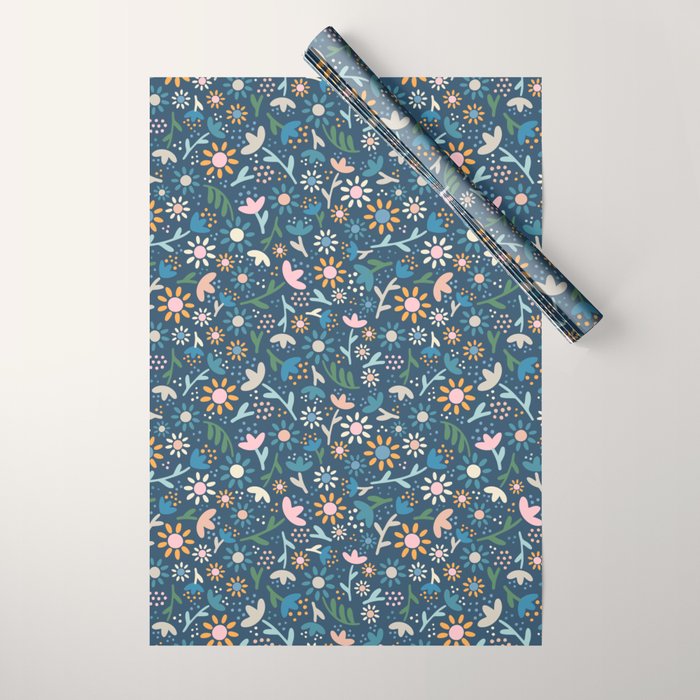 Ditsy Daisy Floral on Blue Wrapping Paper Gallery Image 1