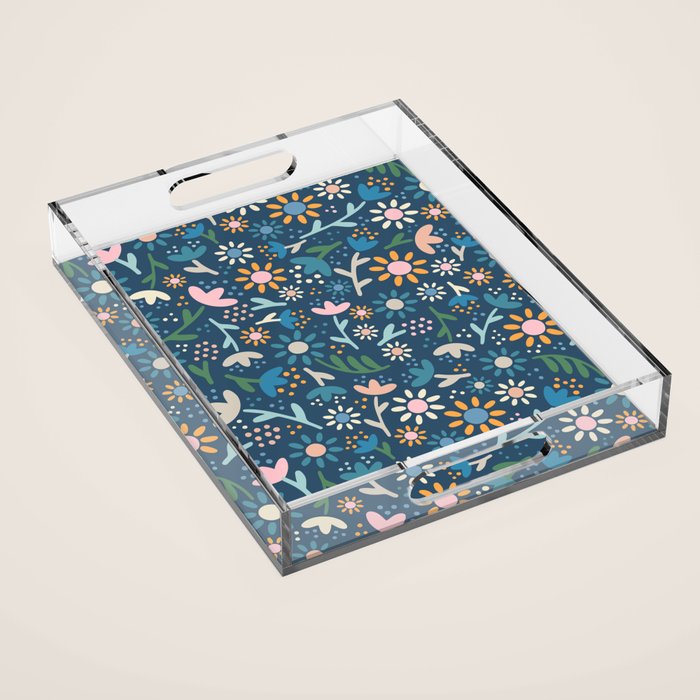 Ditsy Daisy Floral on Blue Acrylic Tray Gallery Image 1