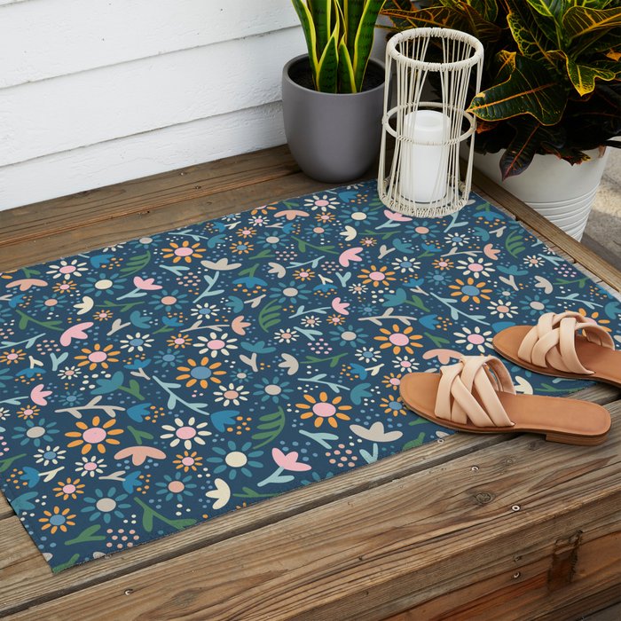 Ditsy Daisy Floral on Blue Outdoor Rug Gallery Image 2