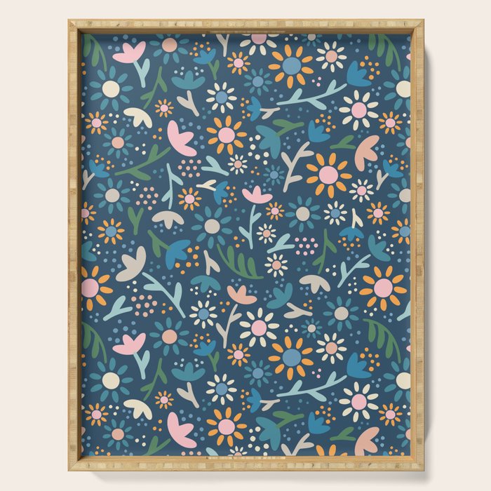 Ditsy Daisy Floral on Blue Serving Tray Gallery Image 1