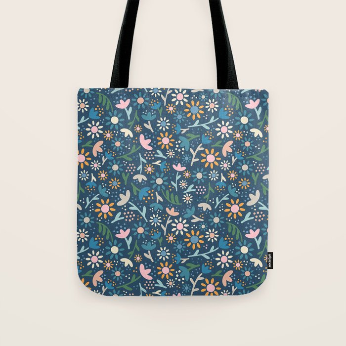 Ditsy Daisy Floral on Blue Tote Bag Gallery Image 1
