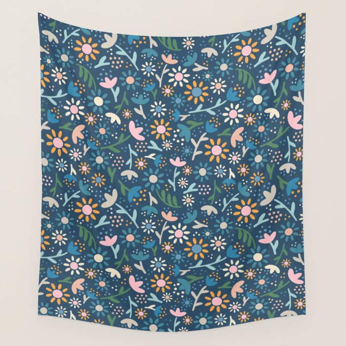 Ditsy Daisy Floral on Blue Wall Tapestry Gallery Image 1