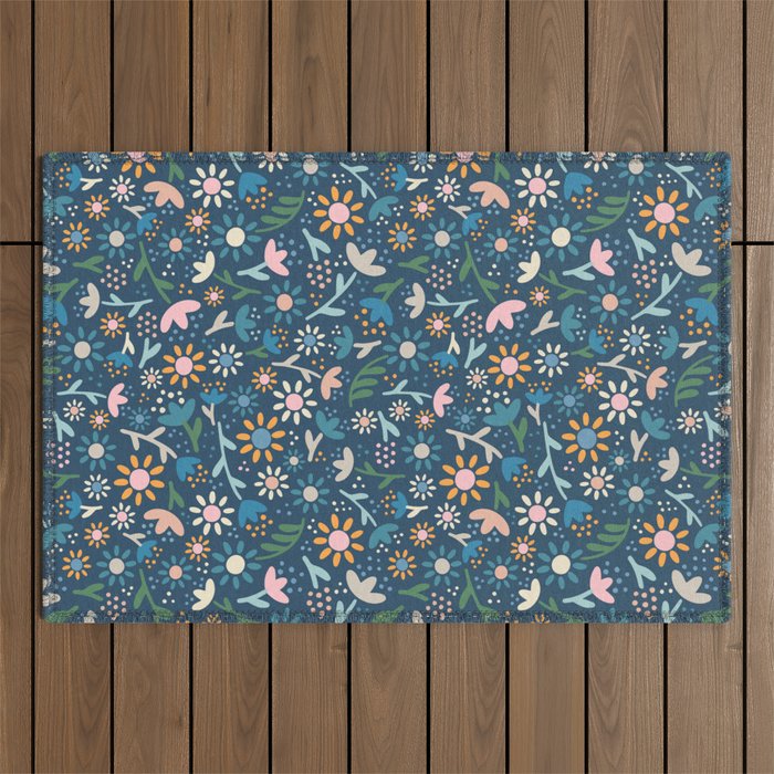 Ditsy Daisy Floral on Blue Outdoor Rug Gallery Image 1