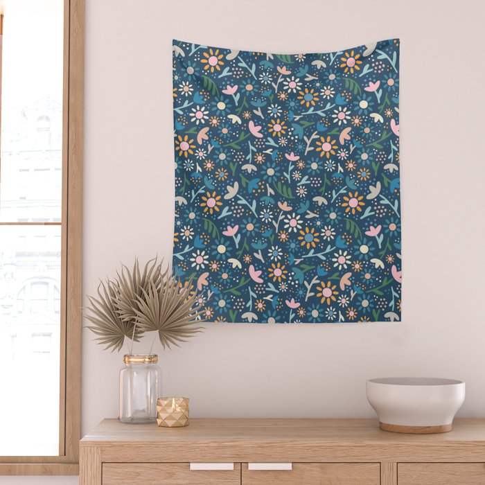 Ditsy Daisy Floral on Blue Wall Tapestry Gallery Image 2
