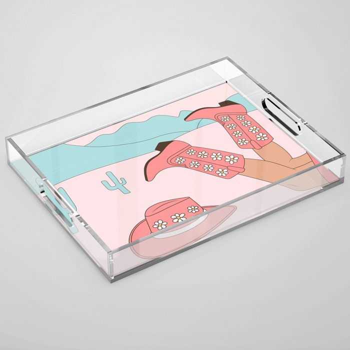 Cute Desert Cowgirl Pink Cowboy Boots Daisy Acrylic Tray Gallery Image 1