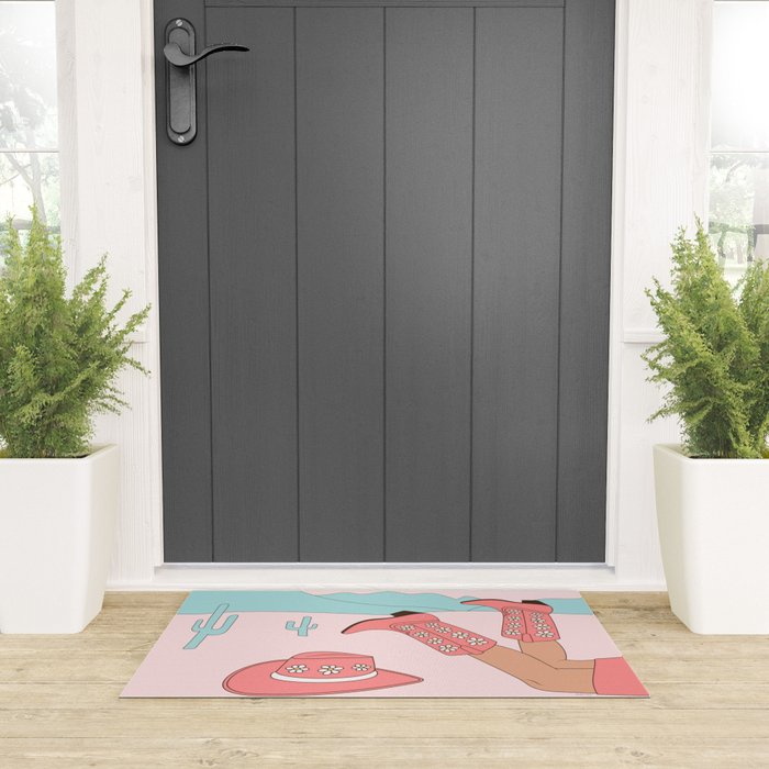 Cute Desert Cowgirl Pink Cowboy Boots Daisy Welcome Mat Gallery Image 3