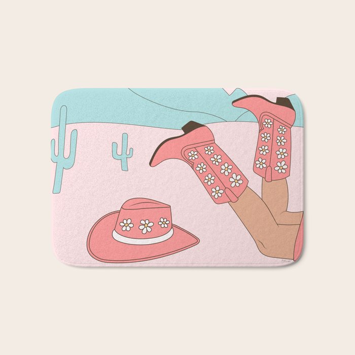 Cute Desert Cowgirl Pink Cowboy Boots Daisy Bath Mat Gallery Image 1