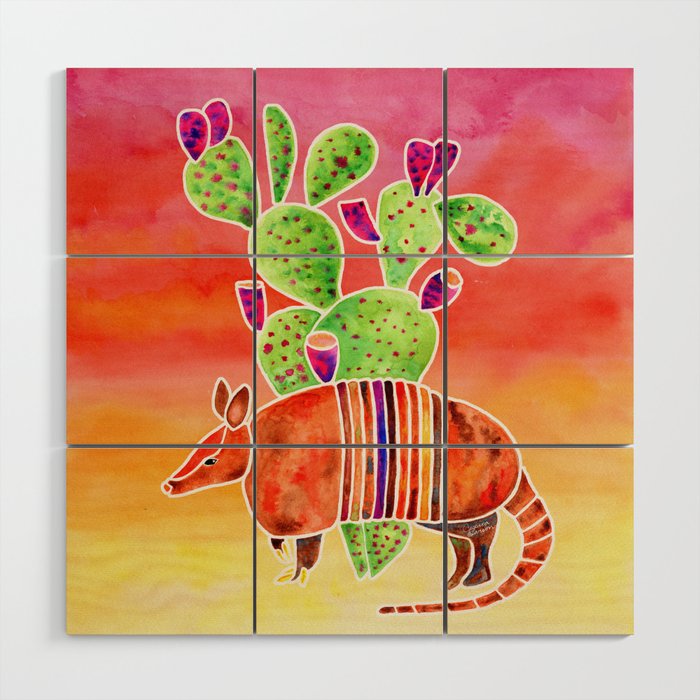 Armadillo and Cactus - Sunset Ombre Background Wood Wall Art Gallery Image 1