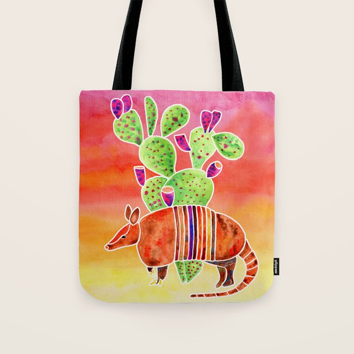 Armadillo and Cactus - Sunset Ombre Background Tote Bag Gallery Image 1