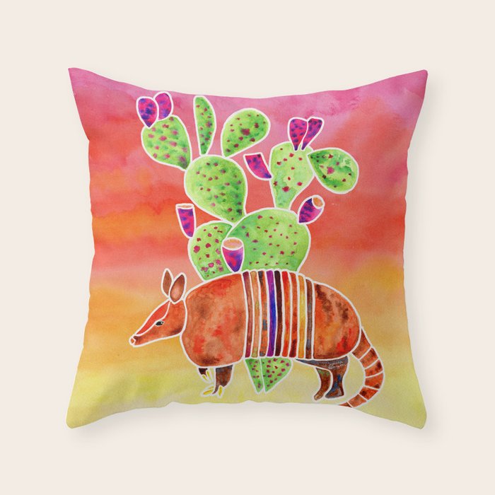 Armadillo and Cactus - Sunset Ombre Background Throw Pillow Gallery Image 6
