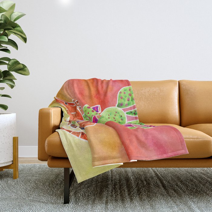 Armadillo and Cactus - Sunset Ombre Background Throw Blanket Gallery Image 1