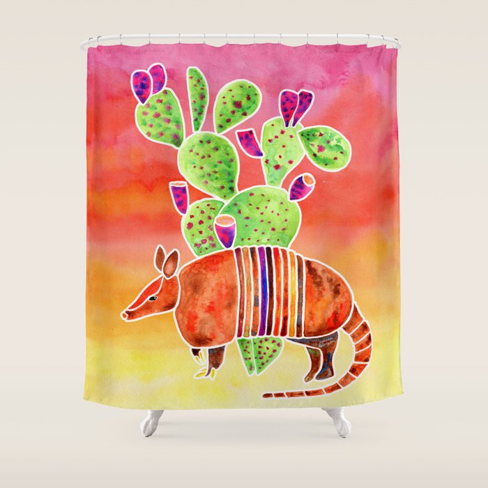 Armadillo and Cactus - Sunset Ombre Background Shower Curtain Gallery Image 1
