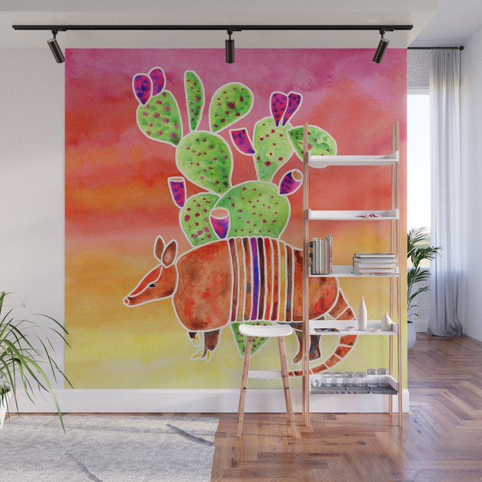 Armadillo and Cactus - Sunset Ombre Background Wall Mural Gallery Image 1