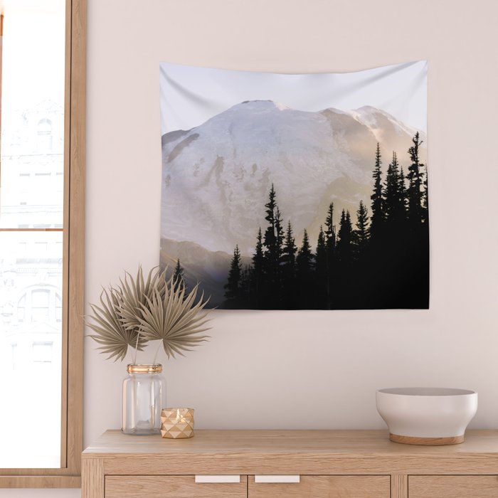 Cascade Mountain High - Mount Rainier Sunset Wall Tapestry Gallery Image 2