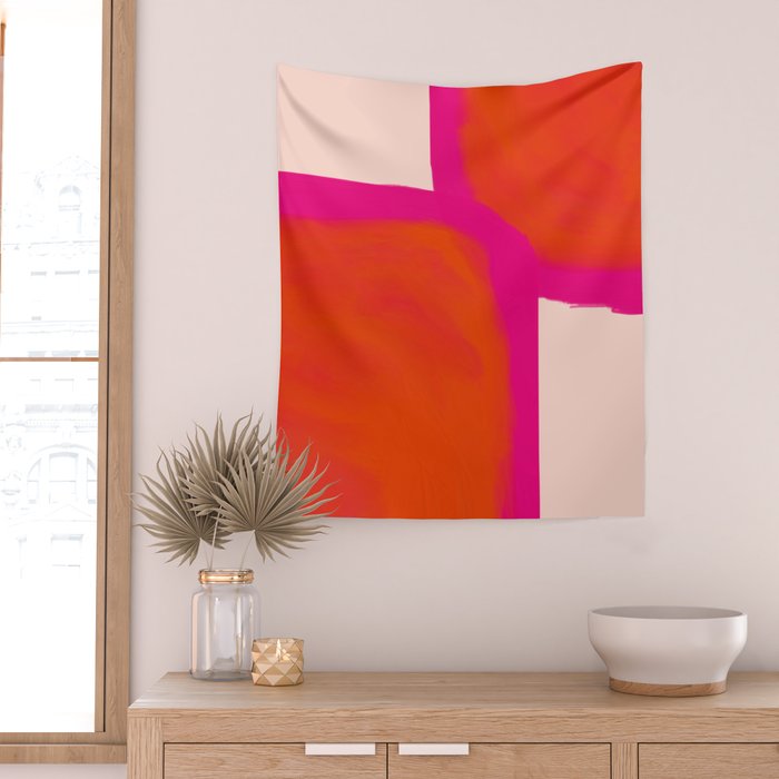 Touching Corners (Pink and Bold Orange) Wall Tapestry Gallery Image 2
