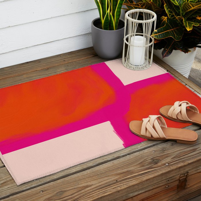 Touching Corners (Pink and Bold Orange) Outdoor Rug Gallery Image 2