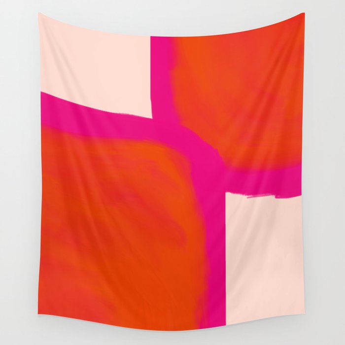 Touching Corners (Pink and Bold Orange) Wall Tapestry Gallery Image 1