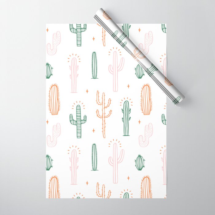 Retro hand drawn cactus plant pattern Wrapping Paper Gallery Image 1