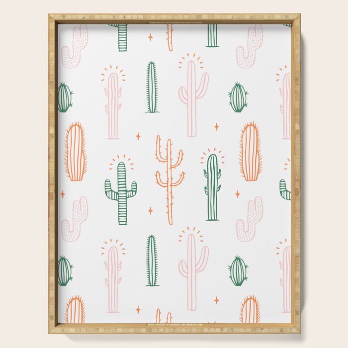 Retro hand drawn cactus plant pattern Serving Tray Gallery Image 1