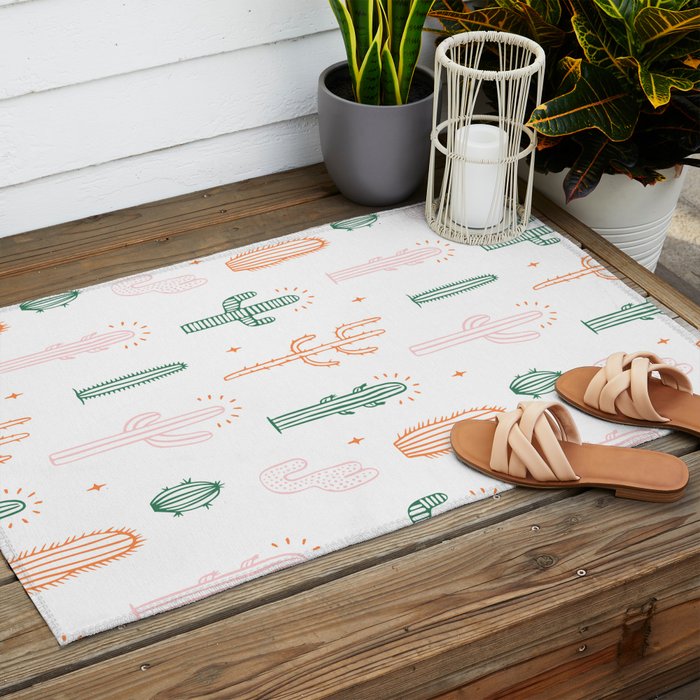 Retro hand drawn cactus plant pattern Outdoor Rug Gallery Image 2