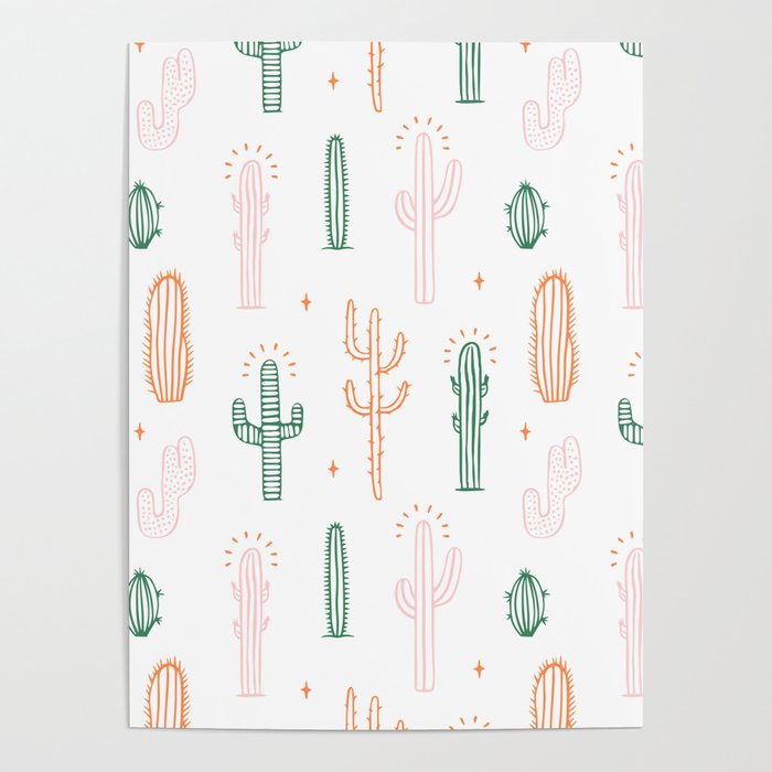 Retro hand drawn cactus plant pattern Poster Gallery Image 1