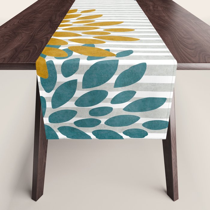 Floral Blooms and Stripes, Navy Blue, Teal, Yellow, Gray Table Runner Gallery Image 1