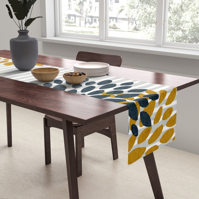 Floral Blooms and Stripes, Navy Blue, Teal, Yellow, Gray Table Runner Gallery Image 2