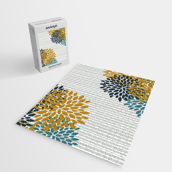 Floral Blooms and Stripes, Navy Blue, Teal, Yellow, Gray Jigsaw Puzzle Gallery Image 2