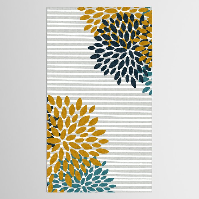 Floral Blooms and Stripes, Navy Blue, Teal, Yellow, Gray Tablecloth Gallery Image 2