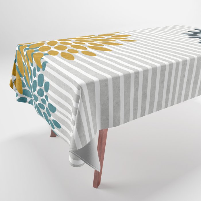 Floral Blooms and Stripes, Navy Blue, Teal, Yellow, Gray Tablecloth Gallery Image 1