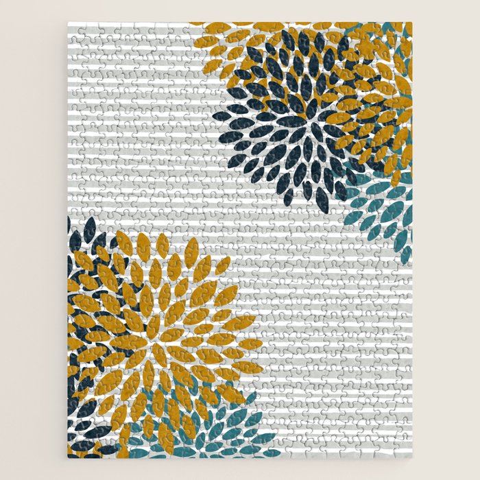 Floral Blooms and Stripes, Navy Blue, Teal, Yellow, Gray Jigsaw Puzzle Gallery Image 1