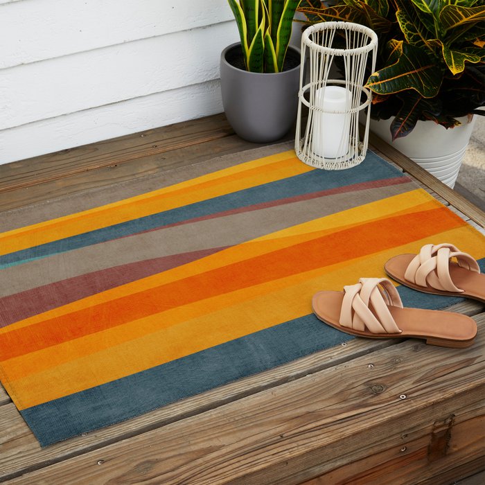 Yellow Orange Blue Beige Brown Modern MCM Art Outdoor Rug Gallery Image 2