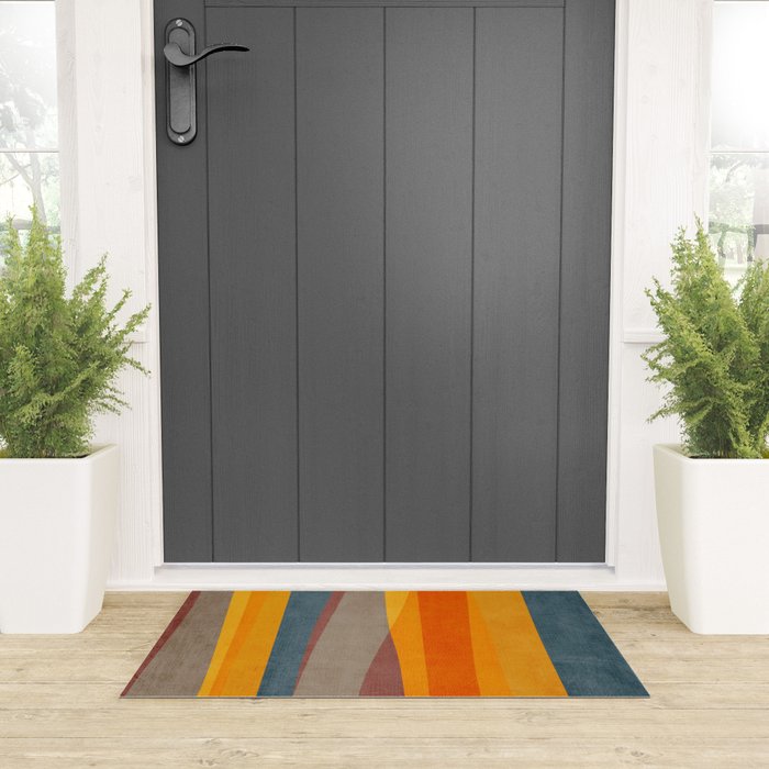 Yellow Orange Blue Beige Brown Modern MCM Art Welcome Mat Gallery Image 3