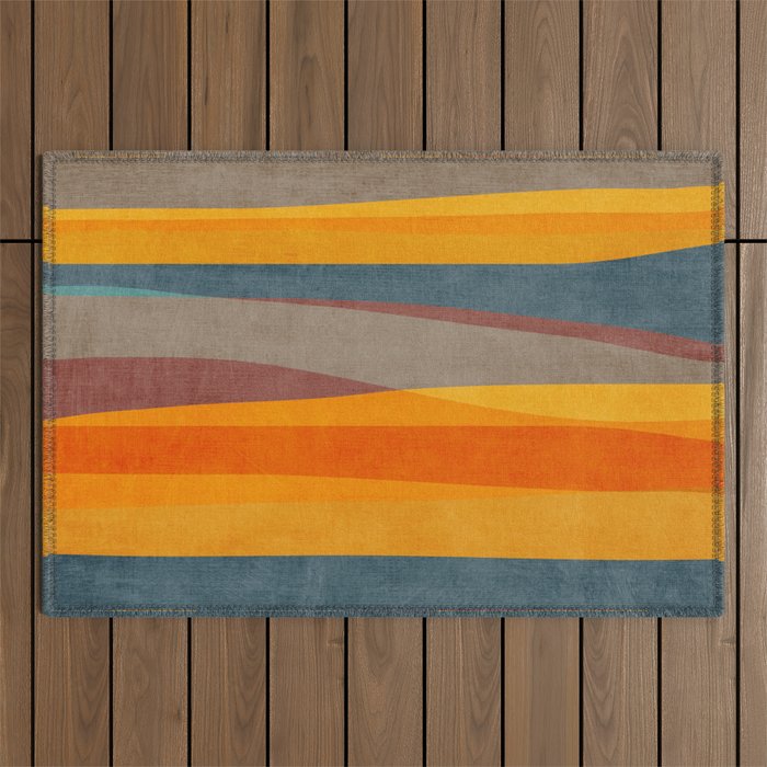 Yellow Orange Blue Beige Brown Modern MCM Art Outdoor Rug