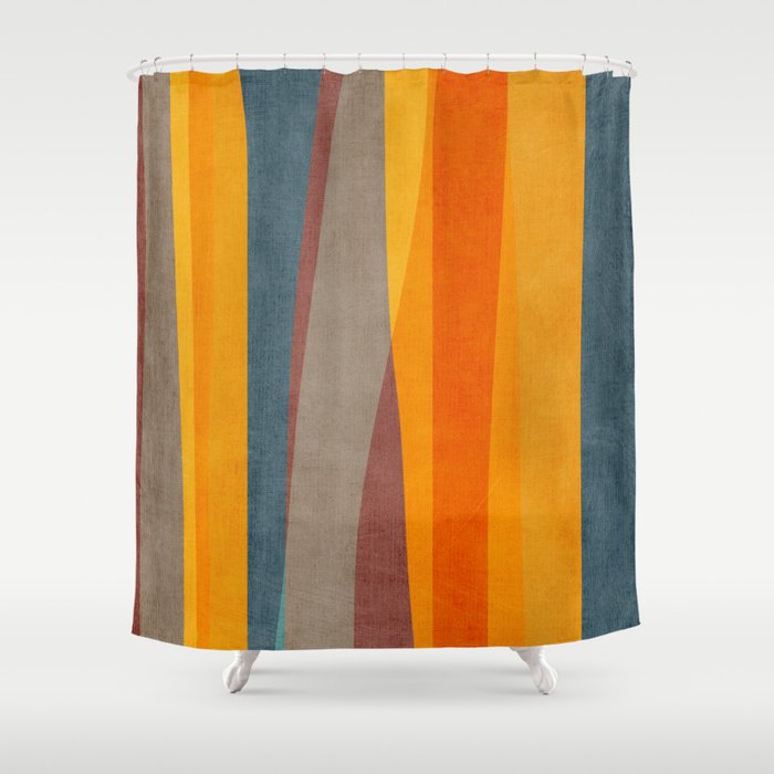 Yellow Orange Blue Beige Brown Modern MCM Art Shower Curtain Gallery Image 1