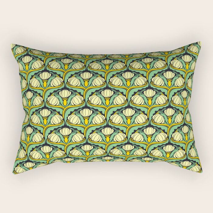 Art Nouveau Pattern 2 Cream Yellow Ochre Sage Green On Dark Blue Rectangular Pillow Gallery Image 1