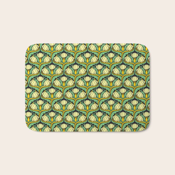 Art Nouveau Pattern 2 Cream Yellow Ochre Sage Green On Dark Blue Bath Mat Gallery Image 1