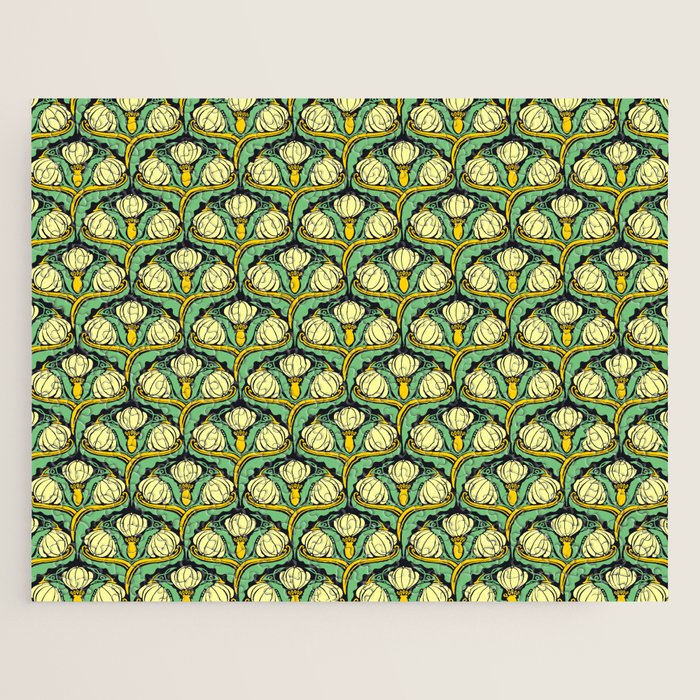 Art Nouveau Pattern 2 Cream Yellow Ochre Sage Green On Dark Blue Jigsaw Puzzle Gallery Image 1