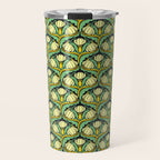 Art Nouveau Pattern 2 Cream Yellow Ochre Sage Green On Dark Blue Travel Mug Gallery Image 1
