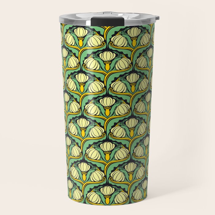 Art Nouveau Pattern 2 Cream Yellow Ochre Sage Green On Dark Blue Travel Mug Gallery Image 1