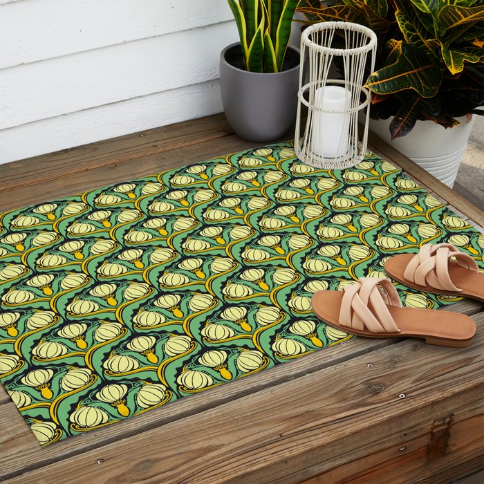 Art Nouveau Pattern 2 Cream Yellow Ochre Sage Green On Dark Blue Outdoor Rug Gallery Image 2