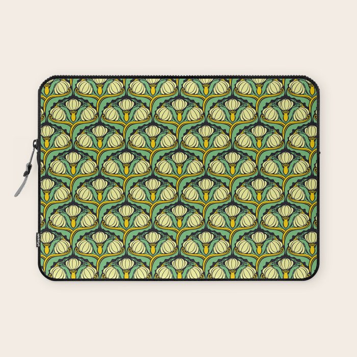 Art Nouveau Pattern 2 Cream Yellow Ochre Sage Green On Dark Blue Laptop Sleeve Gallery Image 1
