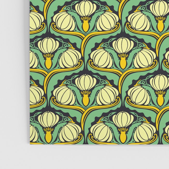 Art Nouveau Pattern 2 Cream Yellow Ochre Sage Green On Dark Blue Poster Gallery Image 3