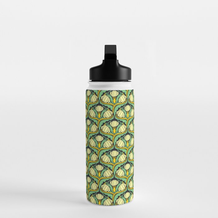 Art Nouveau Pattern 2 Cream Yellow Ochre Sage Green On Dark Blue Water Bottle Gallery Image 3