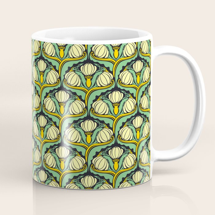 Art Nouveau Pattern 2 Cream Yellow Ochre Sage Green On Dark Blue Coffee Mug Gallery Image 1