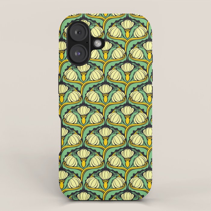 Art Nouveau Pattern 2 Cream Yellow Ochre Sage Green On Dark Blue iPhone Case Gallery Image 1