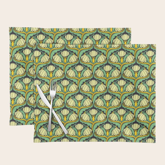 Art Nouveau Pattern 2 Cream Yellow Ochre Sage Green On Dark Blue Placemat Gallery Image 1