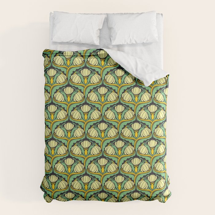 Art Nouveau Pattern 2 Cream Yellow Ochre Sage Green On Dark Blue Duvet Cover Gallery Image 1