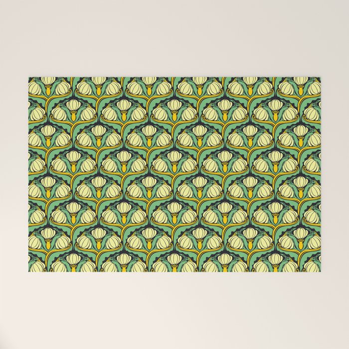 Art Nouveau Pattern 2 Cream Yellow Ochre Sage Green On Dark Blue Welcome Mat Gallery Image 1