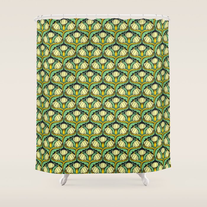 Art Nouveau Pattern 2 Cream Yellow Ochre Sage Green On Dark Blue Shower Curtain Gallery Image 1